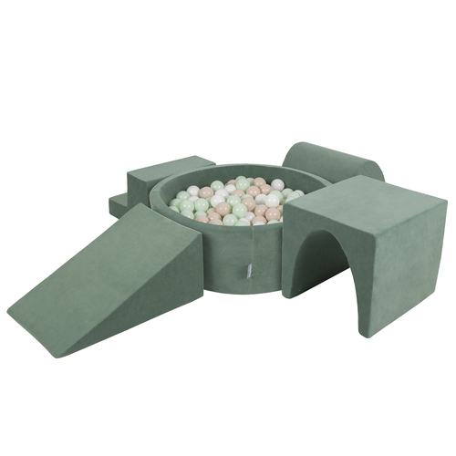 KiddyMoon Aire Velvet De Jeux en Mousse avec Rond Piscine à Balles pour Enfants, vert forêt: pastel beige/blanc/menthe, Piscine (300 Balles) + Version 3