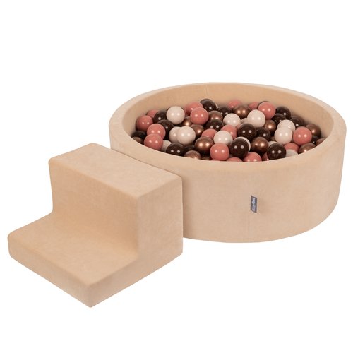 KiddyMoon Aire Velvet De Jeux en Mousse avec Rond Piscine à Balles pour Enfants, beige sableux: brun/cuivre/beige pastel/saumon, Piscine (200 Balles)+ Marches