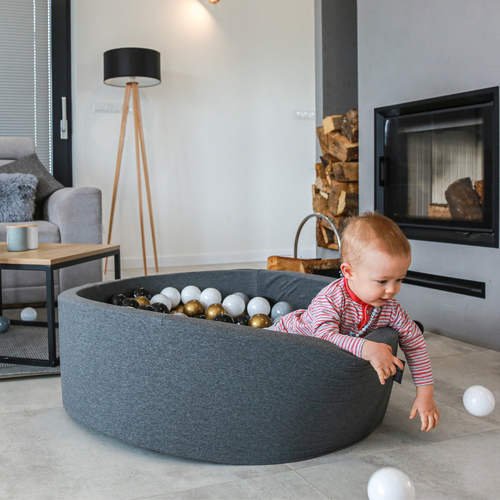 KiddyMoon Piscine à Balles ∅ 7Cm pour Bébé Rond Fabriqué En UE, gris foncé, 90x30cm/300 Balles