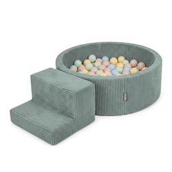 KiddyMoon aire de jeux en mousse avec piscine à balles et marche, vert : beige pastel/bleu pastel/jaune pastel/menthe, Piscine (100 Balles) + Marches
