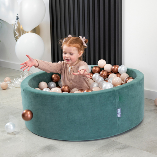 KiddyMoon Velours Piscine à Balles ∅7Cm pour Bébé Rond Fabriqué en EU, vert forêt: beige pastel/cuivre/perle, 90x30cm/300 Balles