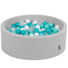 KiddyMoon Piscine à Balles ∅ 7Cm pour Bébé Rond Fabriqué En UE, gris clair:turq. clair/blanc/transparent-turq., 90x30cm/200 balles