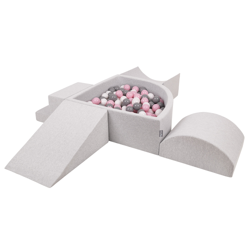 KiddyMoon Aire De Jeux en Mousse avec Quart Angulaire Piscine À Balles pour Bébé, gris clair: blanc/gris/rose poudré, Piscine (300 Balles) + Version 5