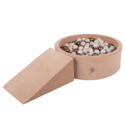 KiddyMoon Aire Velvet De Jeux en Mousse avec Rond Piscine à Balles pour Enfants, rose des sables: beige pastel/cuivre/perle, Piscine (200 Balles) + Pente