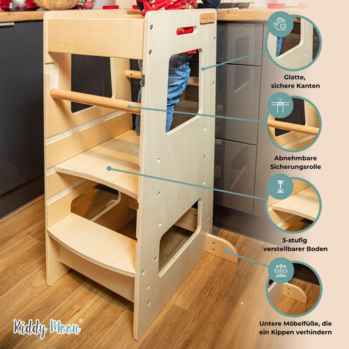 KiddyMoon Tour D'Apprentissage/D'Observation Montessori pour Enfant en Bois 3 Hauteurs Réglables Pieds Anti-Bascule, Blanc, 91,5x39,3x49,4