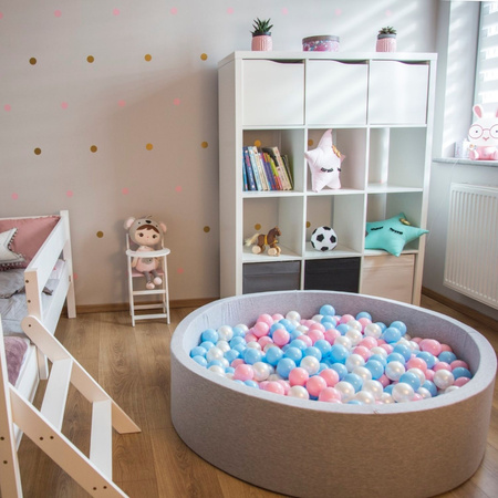 KiddyMoon Piscine À Balles Grande Carré pour Bébé, Fabriqué en UE, gris clair: babyblue-rose poudré-perle, 120x30cm/300 balles