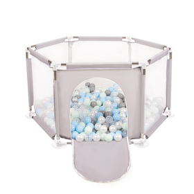 parc bébé hexagonal pliable avec balles plastiques, Gris:perle/gris/transparent/babyblue/mentha, 400 balles
