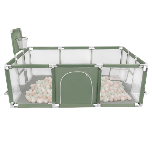 Parc Bébé avec Balles Plastiques Aire De Jeu Pliable Basket Football, vert : beige pastel/blanc/menthe, 200 balles