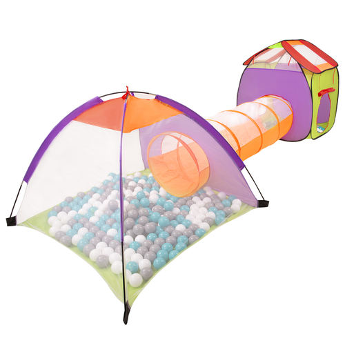 3en1 Tente de Jeux avec Tunnel Piscine à Boules avec Balles pour Enfants, Multicolore:gris/blanc/turquoise, 100 balles