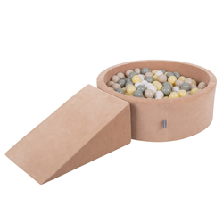 KiddyMoon Aire Velvet De Jeux en Mousse avec Rond Piscine à Balles pour Enfants, rose des sables: pastel beige/gris de vert/jaune pastel/blanc, Piscine (100 Balles)+ Pente