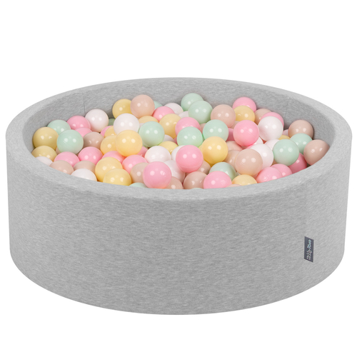 KiddyMoon Piscine à Balles ∅ 7Cm pour Bébé Rond Fabriqué En UE, gris clair:beige pastel/jaune pastel/blanc/menthe/rose poudré, 90x30cm/200 Balles