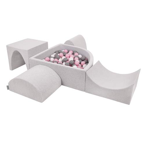 KiddyMoon Aire De Jeux en Mousse avec Quart Angulaire Piscine À Balles pour Bébé, gris clair: blanc/gris/rose poudré, Piscine (300 Balles) + Version 1