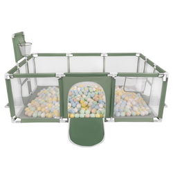 Parc Bébé avec Balles Plastiques Aire De Jeu Pliable Basket Football, vert : beige pastel/bleu pastel/jaune pastel/menthe, 100 balles
