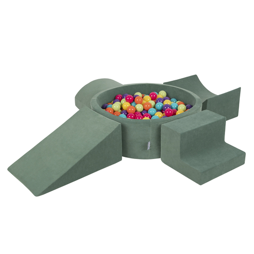 KiddyMoon Aire Velvet De Jeux en Mousse avec Rond Piscine à Balles pour Enfants, vert forêt: vert clair/turquoise/orange/rose foncé/violet