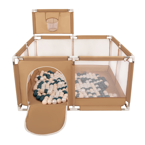 parc bébé avec balles plastiques aire de jeu pliable basket, beige : turquoise foncé/beige pastel/perle, 400 balles