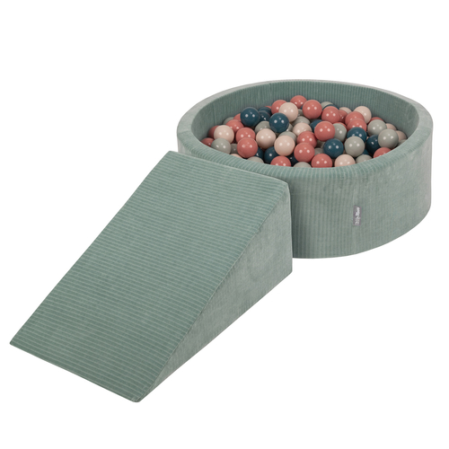 KiddyMoon Parcours Motricité En Mousse Avec Balles Enfants Favorise Créativité, Vert : turquoise foncé/beige pastel/vert de gris/saumon, Piscine (200 Balles) + Pente