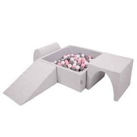 KiddyMoon Aire De Jeux en Mousse avec Carré Piscine À Balles pour Enfants, gris clair: blanc/gris/rose poudré, Piscine (300 Balles) + Version 2