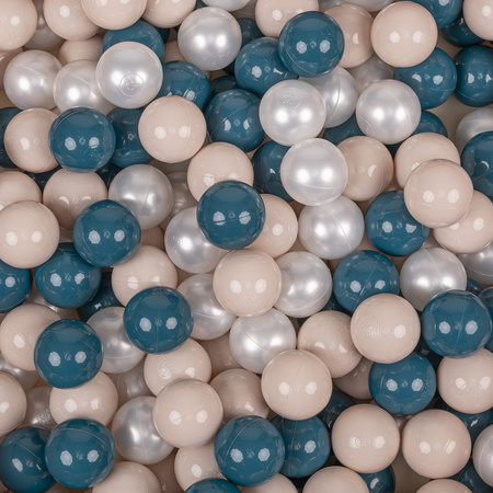 KiddyMoon Balles Colorées Plastique ∅7cm pour Piscine Enfant Bébé Fabriqué en EU, turquoise foncé/beige pastel/perle, 50 Balles/7cm
