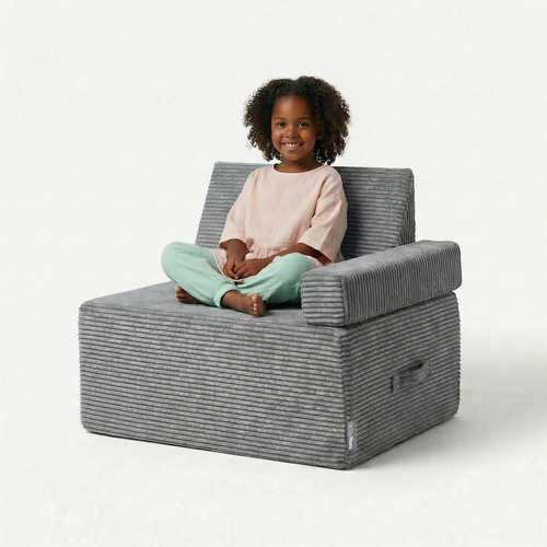 KiddyMoon Coussin Sauteur Enfant Mini Trampoline Interieur Rembourrage A Ressorts Housse Amovible En Tissu Cotele Deux Poignees Des 3 Ans, Gris Foncé, Mini Trampoline Avec Dossier Et Accoudoir
