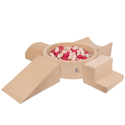 KiddyMoon Aire Velvet De Jeux en Mousse avec Rond Piscine à Balles pour Enfants, beige sableux: beige pastel/rose poudré/perle/rose foncé, Piscine (200 Balles) + Version 5