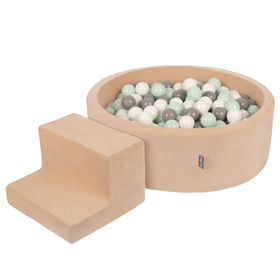 KiddyMoon Aire Velvet De Jeux en Mousse avec Rond Piscine à Balles pour Enfants, beige sableux: blanc/gris/menthe, Piscine (100 Balles) + Marches