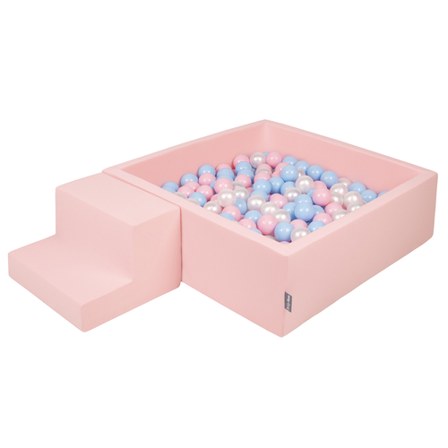 KiddyMoon Aire De Jeux en Mousse avec Carré Piscine À Balles pour Enfants, rose:babyblue/rose poudre/perle, Piscine (200 Balles)+ Marches