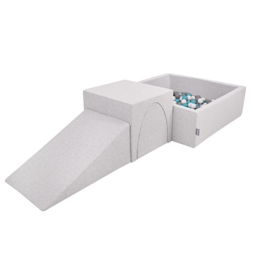 KiddyMoon Aire De Jeux en Mousse avec Carré Piscine À Balles pour Enfants, gris clair: gris/blanc/turquoise, Piscine (200 Balles) + Version 2