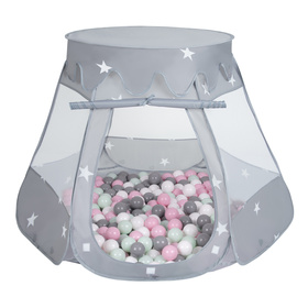 Tente Château Pour Enfants Tente de Jeu Avec Balles Colorées Jouet Cabane Pop-up Château Facile À Monter Maison de Jeu Pour Intérieur et Extérieur, gris:blanc/gris/menthe/rose poudré, 105x90cm/100 balles