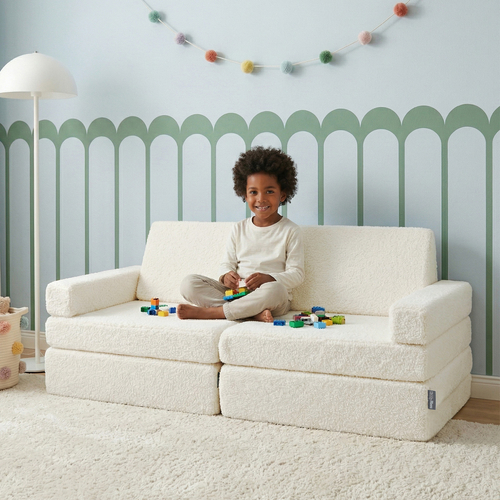 KiddyMoon Canapé Enfant en Mousse et Housse Teddy, Modulaire et Pliable, pour Jouer, Lire et se Détendre, crème, Canapés