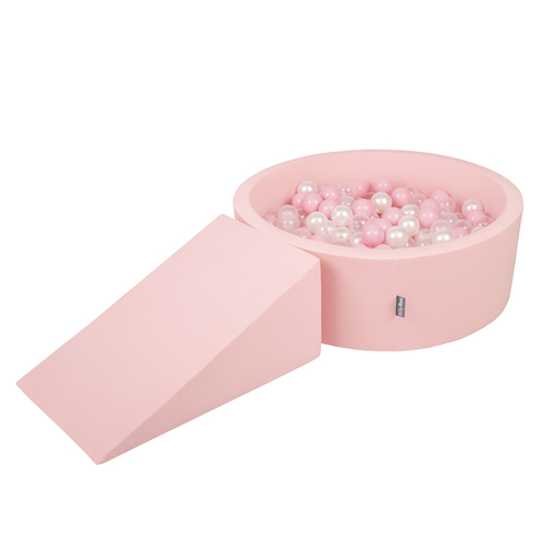 KiddyMoon Aire De Jeux en Mousse avec Rond Piscine à Balles pour Enfants, rose:rose poudre/perle/transparent, Piscine (200 Balles) + Pente