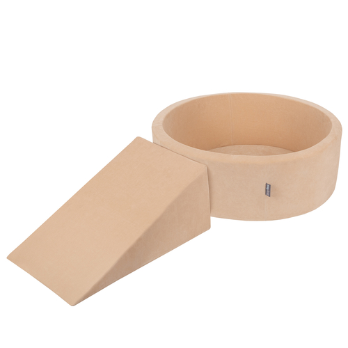 KiddyMoon Aire Velvet De Jeux en Mousse avec Rond Piscine à Balles pour Enfants, beige sableux: beige pastel/jaune pastel/blanc/menthe/rose poudré, Piscine (100 Balles)+ Pente