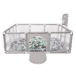 Parc Bébé avec Balles Plastiques Aire De Jeu Pliable Basket Football, Gris: blanc/gris/menthe, 100 balles