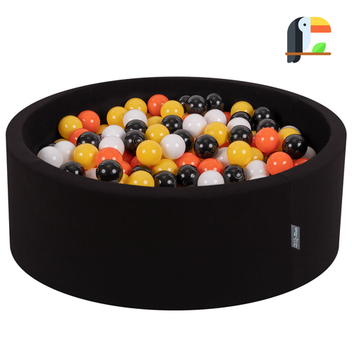 KiddyMoon Piscine à Balles ∅ 7Cm pour Bébé Rond Fabriqué En UE, Toucan: noir/blanc/orange/jaune, 90x30cm/300 balles