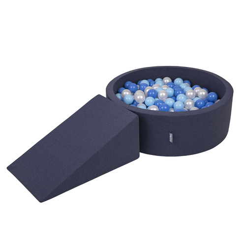 KiddyMoon Aire De Jeux en Mousse avec Rond Piscine à Balles pour Enfants, bleu foncé:babyblue/bleu/perle, Piscine (200 Balles) + Pente