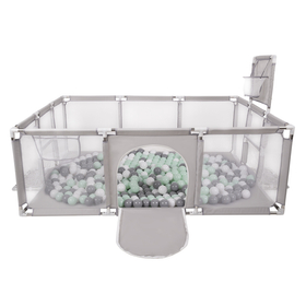 Parc Bébé avec Balles Plastiques Aire De Jeu Pliable Basket Football, Gris: blanc/gris/menthe, 100 balles
