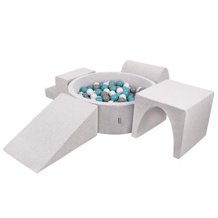 KiddyMoon Aire De Jeux en Mousse avec Rond Piscine à Balles pour Enfants, gris clair: gris/blanc/turquoise, Piscine (200 Balles) + Version 3