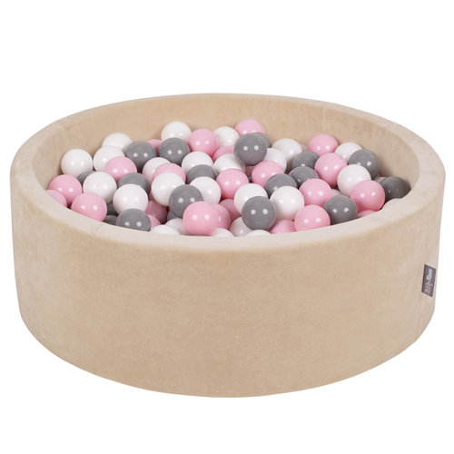 KiddyMoon Velours Piscine à Balles ∅7Cm pour Bébé Rond Fabriqué en EU, beige sableux: blanc/gris/rose poudré, 90x30cm/300 Balles