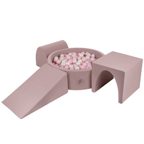KiddyMoon Aire De Jeux en Mousse avec Rond Piscine à Balles pour Enfants, bruyère: beige pastel/rose poudré/perle, Piscine (300 Balles) + Version 2
