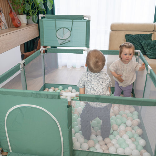 parc bébé avec balles plastiques aire de jeu pliable basket, beige : beige pastel/bleu pastel/jaune pastel/menthe, 100 balles