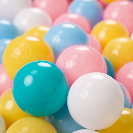 KiddyMoon Balles pour Piscine Colorées ∅6cm Plastique Enfant Bébé Fabriqué en EU, blanc/jaune/baby blue/rose poudré/turquoise, 100 Balles/6cm