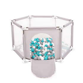 parc bébé hexagonal pliable avec balles plastiques, Gris:gris/blanc/turquoise, 200 balles