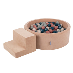 KiddyMoon Aire Velvet De Jeux en Mousse avec Rond Piscine à Balles pour Enfants, rose des sables: turquoise foncé/beige pastel/gris de vert/saumon, Piscine (100 Balles) + Marches