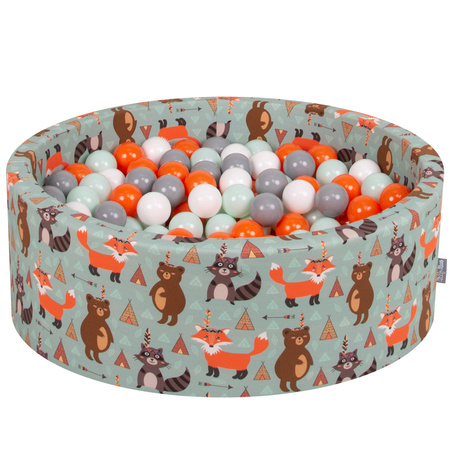 KiddyMoon Piscine à Balles ∅ 7Cm pour Bébé Rond Fabriqué En UE, renard-vert:orange/menthe/gris/blanc, 90x30cm/200 balles