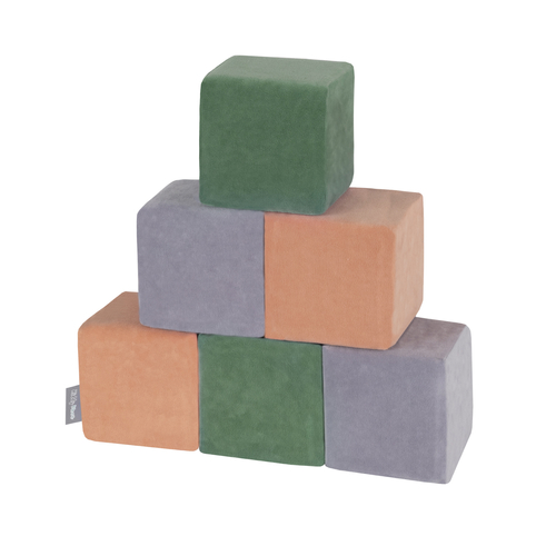 KiddyMoon blocs mous pour bébé cubes de construction en mousse housse velours, cubes: vert forêt-rose de sables-gris de montagnes, 6 Pieces