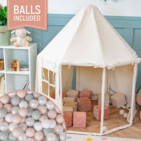 KiddyMoon Tente de Jeu Maison Pour Enfants En Forme De Pavillon De Jeu Pliable Tente Pop-Up Espace De Jeu Spacieux Et Confortable En Intérieur Et Extérieur, naturel: blanc/perle/beige pastel/gris de vert, 300 Balles