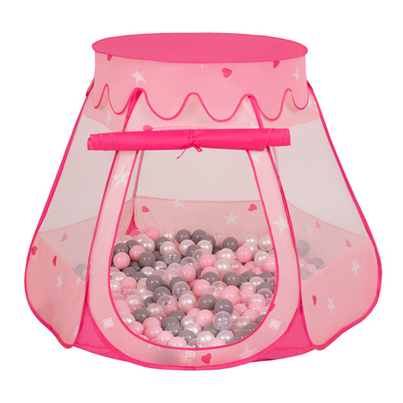 Tente Château Pour Enfants Tente de Jeu Avec Balles Colorées Jouet Cabane Pop-up Château Facile À Monter Maison de Jeu Pour Intérieur et Extérieur, rose: perle-gris-transparent-rose poudré, 105x90cm/100 balles