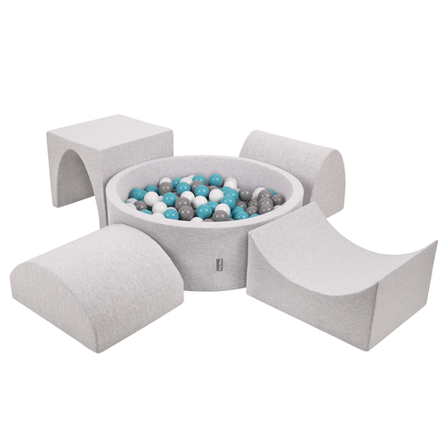 KiddyMoon Aire De Jeux en Mousse avec Rond Piscine à Balles pour Enfants, gris clair: gris/blanc/turquoise, Piscine (300 Balles) + Version 1