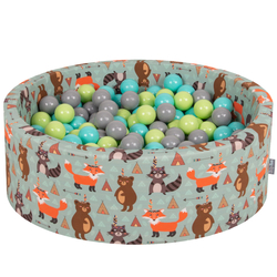 KiddyMoon Piscine à Balles ∅ 7Cm pour Bébé Rond Fabriqué En UE, renard-vert: vert clair/turquoise clair/gris, 90x30cm/200 balles