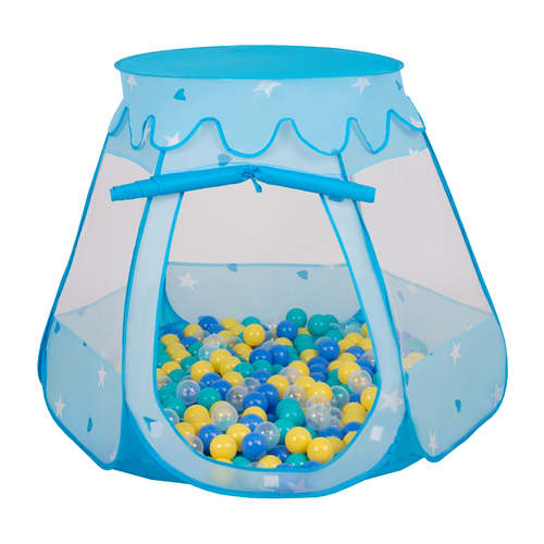Tente Château Pour Enfants Tente de Jeu Avec Balles Colorées Jouet Cabane Pop-up Château Facile À Monter Maison de Jeu Pour Intérieur et Extérieur, bleu: turquoise-bleu-jaune-transparent, 105x90cm/100 balles