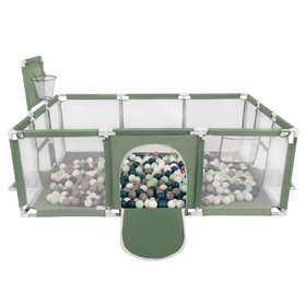 Parc Bébé avec Balles Plastiques Aire De Jeu Pliable Basket Football, vert : turquoise foncé/gris/blanc/menthe, 100 balles